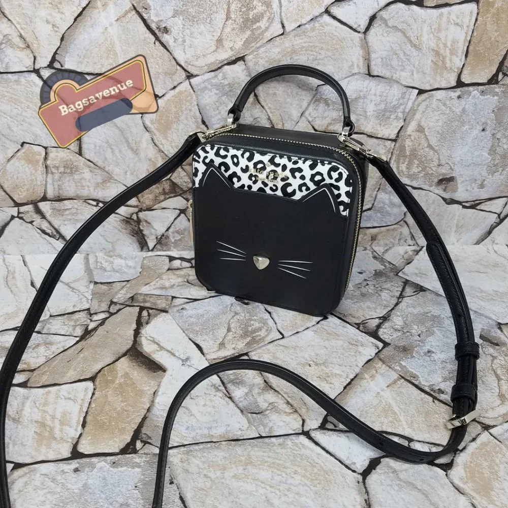 Daisy Vanity Crossbody Meow Cat Leather Bag Top Handle Purse Black Kate spade - Picture 5 of 9